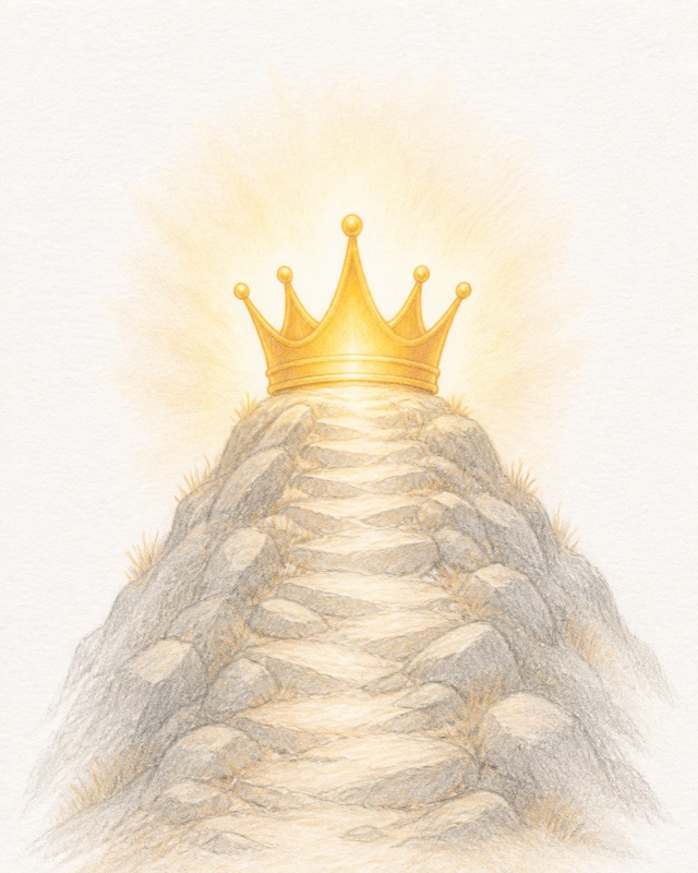 A glowing crown atop a steep path