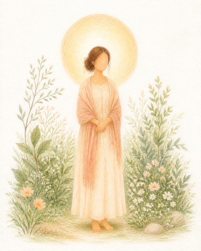 A figure crowned with light in a garden