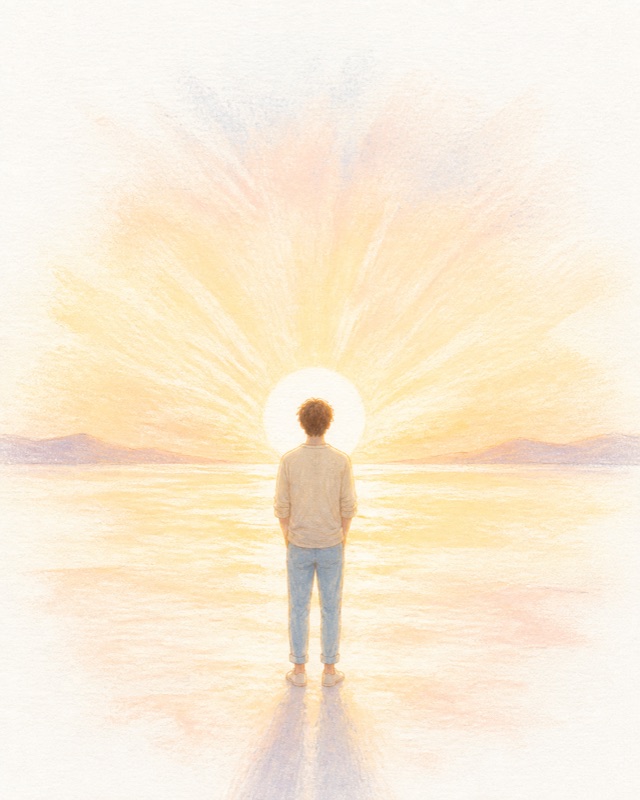 A person lit by a vast sunrise
