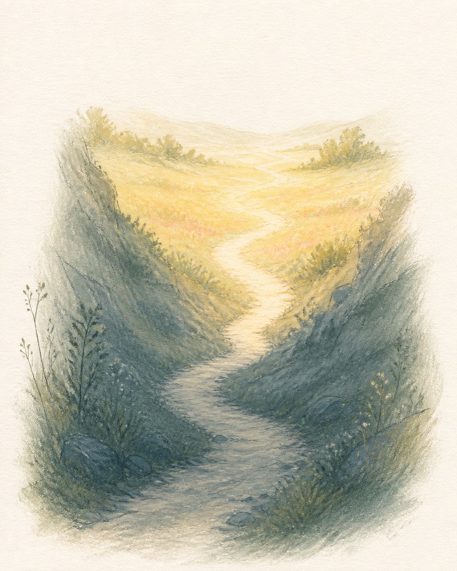 A valley path opening into morning